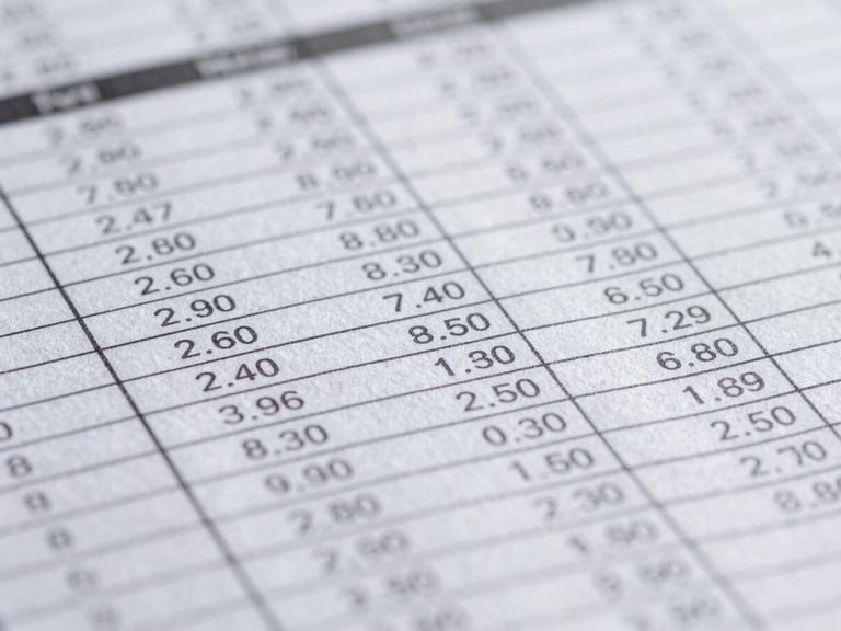 Macro close-up of a physical corporate financial audit sheet, clean columns of numbers, cool natural daylight, sharp focus on paper texture.