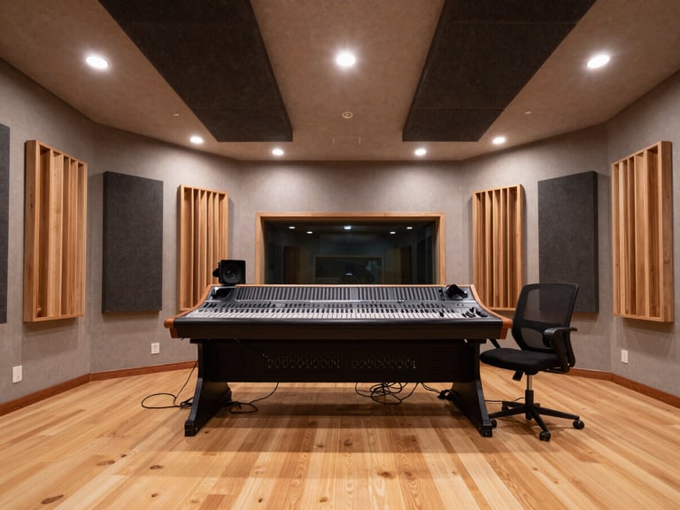 Architectural photography of a modern recording studio in Jakarta, clean sharp lighting, deep charcoal acoustic diffusers, warm wood tones, wide-angle interior lens, highly detailed textures, professional editorial style.