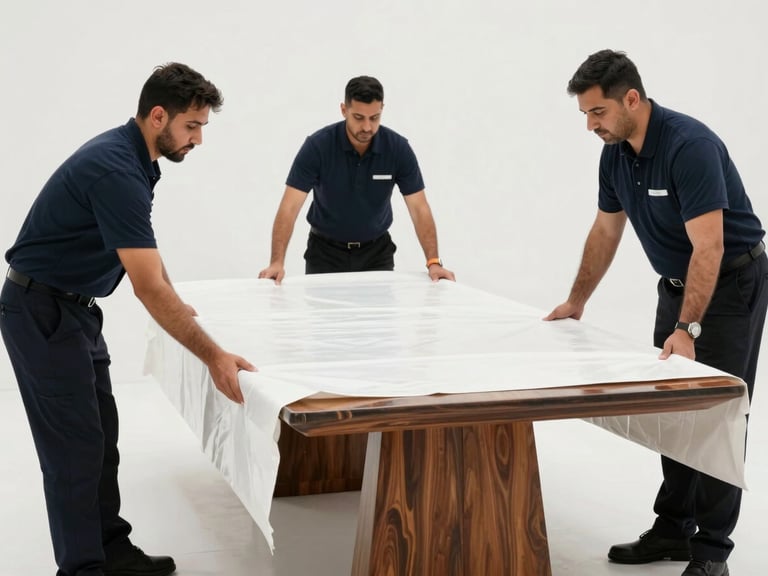Medium shot of professional uniformed movers in Dubai wrapping a polished walnut dining table with protective heavy-duty blankets, bright natural daylight, crisp focus.