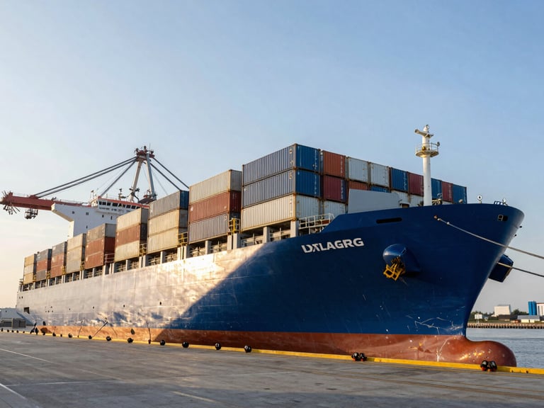 Wide-angle industrial composition of a massive blue container ship docked at a modern port terminal during golden hour, high-contrast metallic surfaces, sharp details.