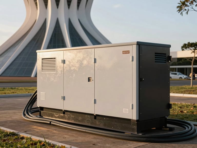 A modern, clean silent generator group parked outside a contemporary Brasília building during golden hour, heavy power cables neatly routed.