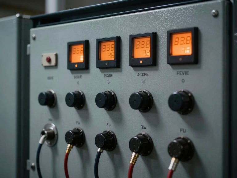 Close-up of a technical control panel on a modern generator, orange digital indicators glowing in the dark, heavy-duty wiring connections, high contrast