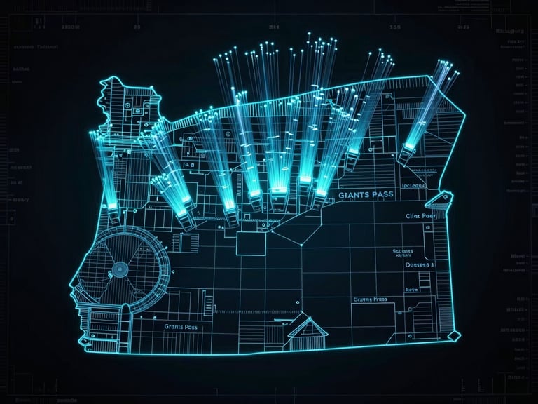 A stylized map graphic of Oregon and Washington highlighting our service range from Grants Pass, high-contrast technical blueprint style with neon-cyan accents