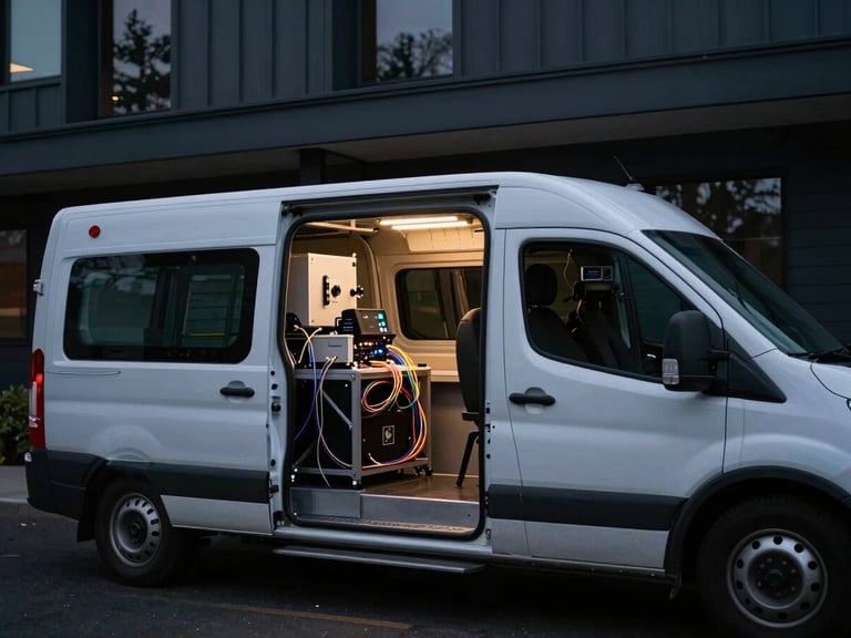 Daylight shot of a clean, branded fiber optic service vehicle parked outside a modern architectural installation in Oregon, technical equipment visible inside the open rear doors, 35mm