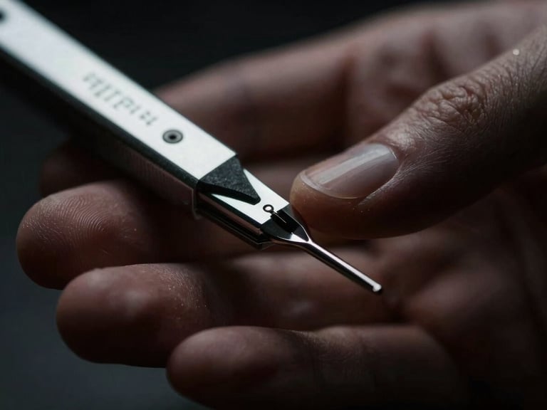 Moody dark-mode photography, macro close-up of a professional hand holding a silver steel dermograph, dramatic side-lighting, high contrast, sharp focus on the needle tip