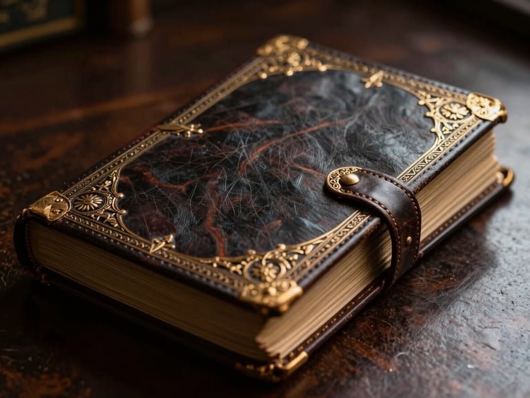 Close-up of an ancient, leather-bound journal with intricate gold tooling, resting on a dark wooden desk, dramatic chiaroscuro lighting, macro lens