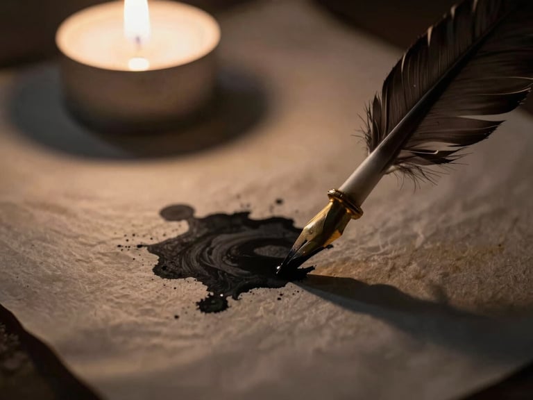 High-contrast macro shot of ink drying on parchment, quill pen in the foreground, soft single-source candle light, deep shadows, 35mm