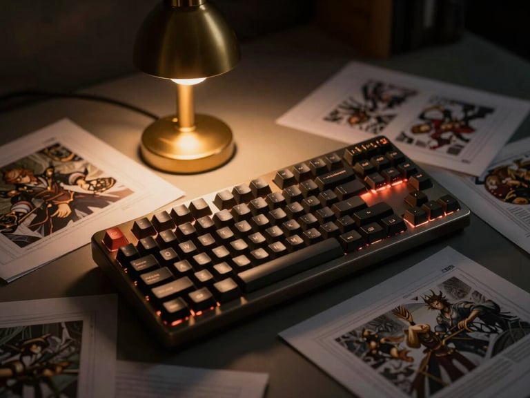 Atmospheric shot of a creative workspace at night, a mechanical keyboard illuminated by a single, soft golden desk lamp, surrounded by scattered game design documents, moody chiaroscuro