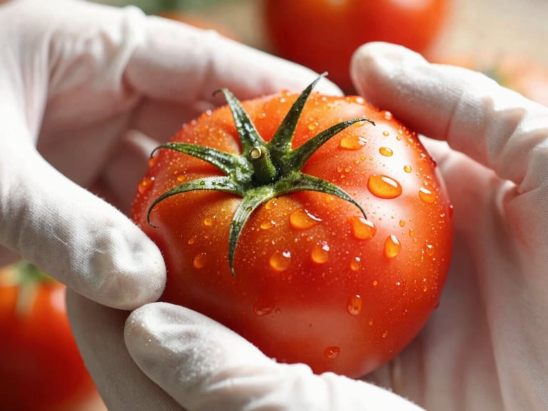 Macro close-up of clean hands in white cotton gloves inspecting a pristine, water-droplet-flecked heirloom tomato, warm morning sunlight, shallow depth of field