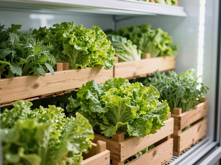 A clean, modern refrigerated warehouse compartment, organized wooden crates filled with vibrant green lettuce and herbs, soft interior glow
