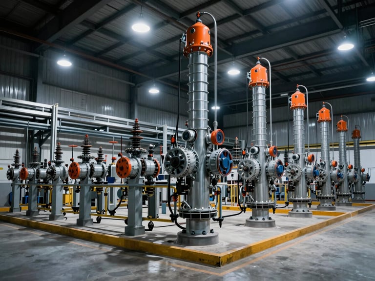 Wide panoramic environmental shot of an industrial facility substation, dramatic high-contrast warehouse lighting, cool metallic tones with safety orange accents, sharp focus