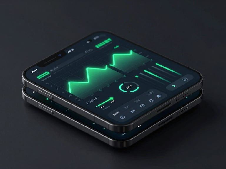 Isometric stack of mobile app screens displaying glowing neon biometric charts and dark-mode health metrics, dark studio backdrop