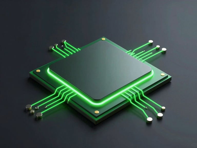 Sleek 3d digital render of a high-performance Android processor glowing with neon green circuits, dark charcoal background, isometric perspective, extreme close-up