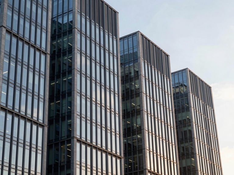 Architectural details of a modern financial district building at golden hour, focus on geometric lines and glass, soft natural light, professional editorial, 35mm lens