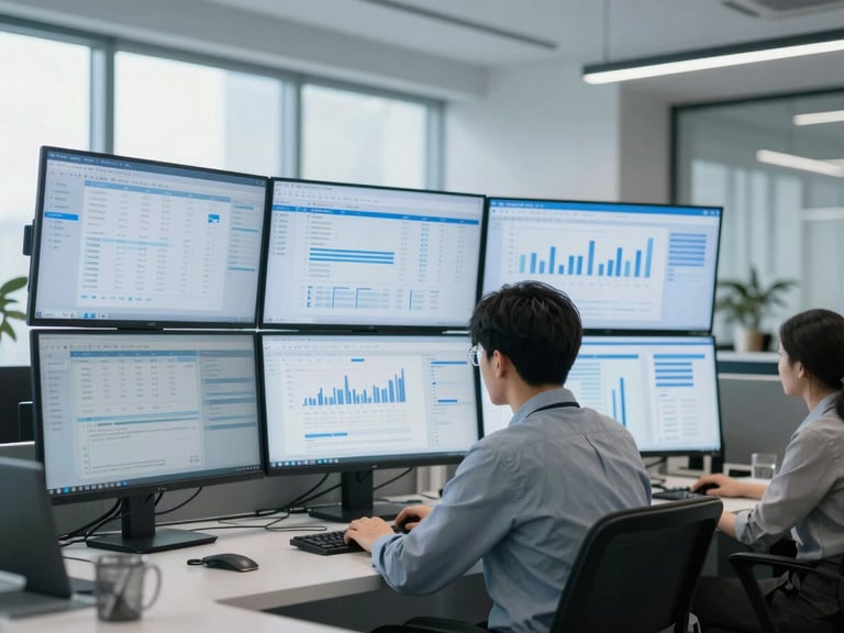 Modern corporate office environment, a financial analyst reviewing data on multiple screens, clean and high-key lighting, cool blue and slate gray tones, professional editorial