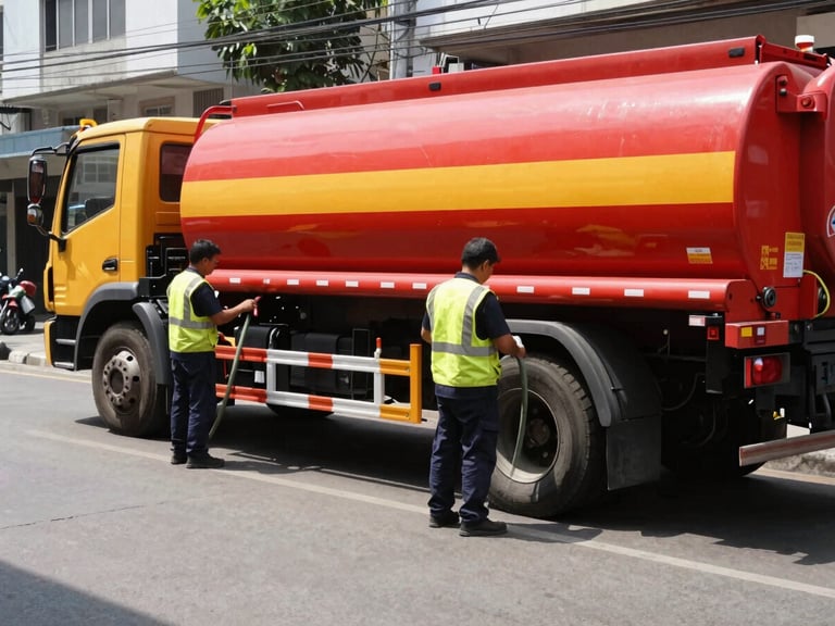 Bright daylight documentary photo of a red and yellow vacuum tanker truck parked on a clean Manila street, professional crew preparing hoses, sharp focus