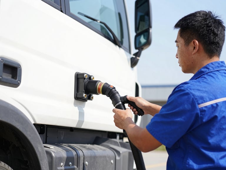 Close-up of a professional crew member in clean uniform operating a heavy-duty vacuum hose connection on a truck, bright daylight, high-contrast.