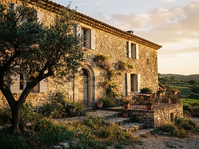 Low-angle architectural shot of a restored Provençal stone mas at golden hour, warm light highlighting the rough dry-stone mortar joints, olive tree in the foreground, 35mm photography