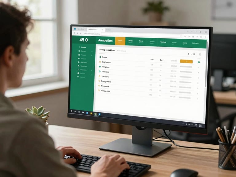 Medium environmental shot, person seated at a clean desk viewing a shipment tracking dashboard on a wide monitor, natural window light from the left, warm office background softly blurred, status indicators visible on screen in green and amber