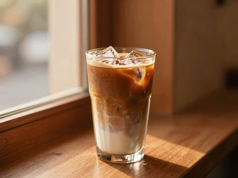 Tall glass of iced cold brew coffee, condensation on the glass, golden-hour light, shallow depth of field