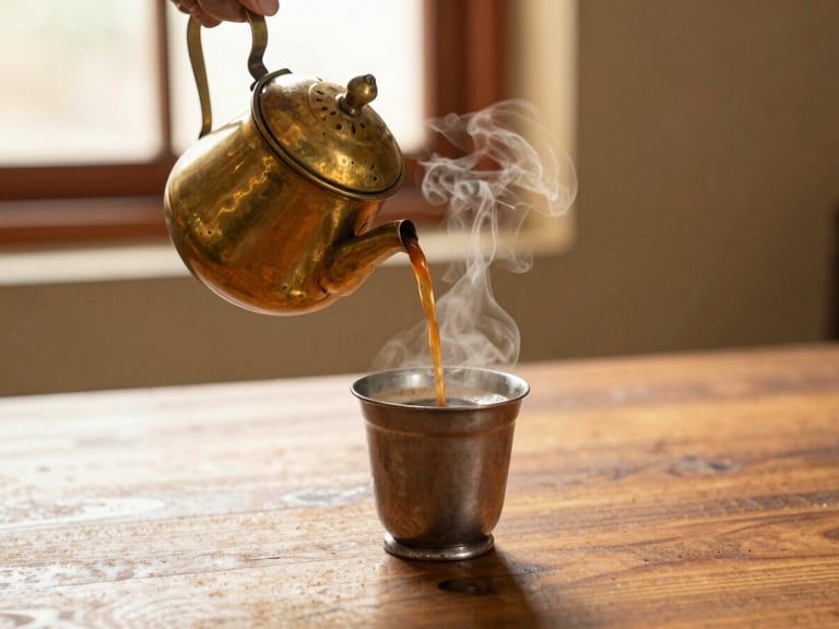 Traditional South Indian brass filter coffee being poured into a small steel davara and tumbler, steam rising, warm wooden table, golden light.