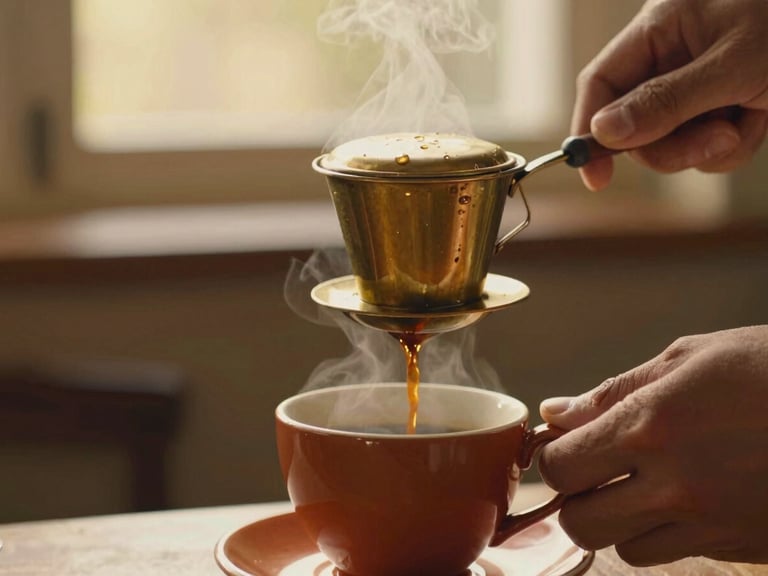 Close-up of hands pouring hot coffee from a traditional brass filter into a ceramic cup, steam rising, warm golden light, shallow depth of field