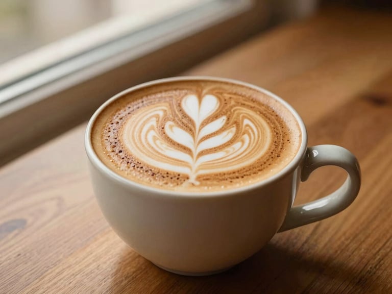 Artisanal rose cardamom latte with intricate latte art, soft side lighting, textured ceramic mug on a wooden table, warm tones