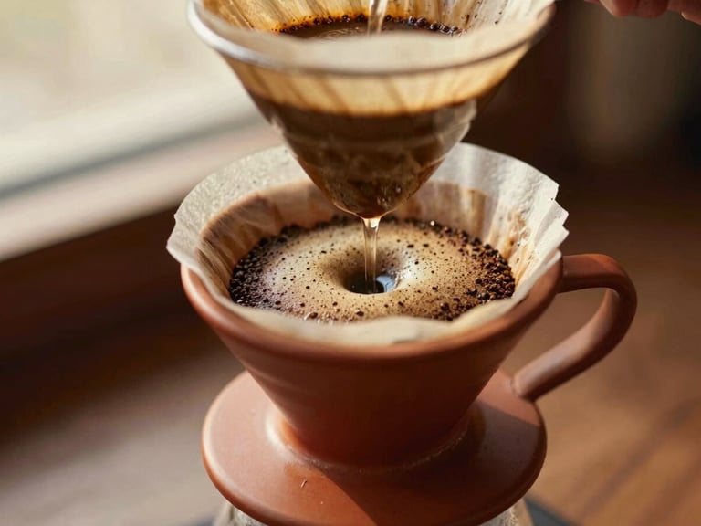 Close-up of a pour-over coffee setup, water dripping onto coffee grounds, focused on the brewing process, warm dappled light, shallow depth of field