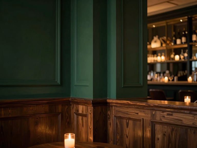Architectural detail of an exclusive venue, possibly a heritage building or a modern lounge, with warm lighting and a sense of quiet luxury, shallow depth of field, warm editorial photography