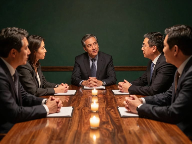 Executive leaders engaged in a candid discussion around a polished mahogany table in a private room, low-key ambient light, warm editorial photography, focus on body language, no direct eye contact