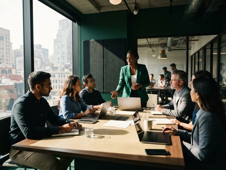 Professional boardroom consultation, diverse team, high-contrast lighting, modern corporate setting, deep emerald and sand tones, wide-angle lens, documentary corporate photography.