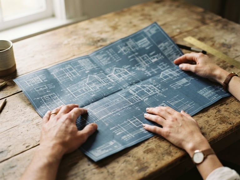 Hands holding a physical blueprint map on a wooden table, soft natural daylight, 35mm film texture, warm earth tones