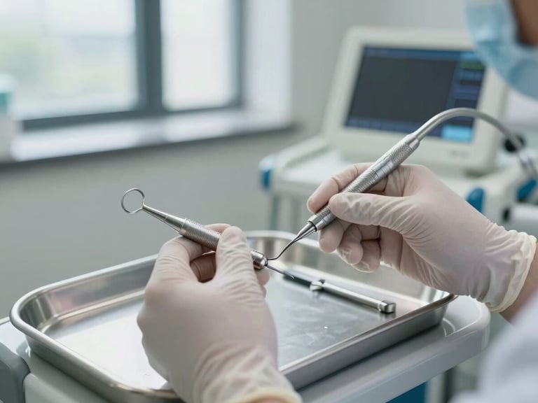 Close-up of a dentist's gloved hands adjusting a dental instrument over a modern clinical tray, bright daylight from a north-facing window, clean operatory background with digital screen visible, shallow depth of field, no faces visible