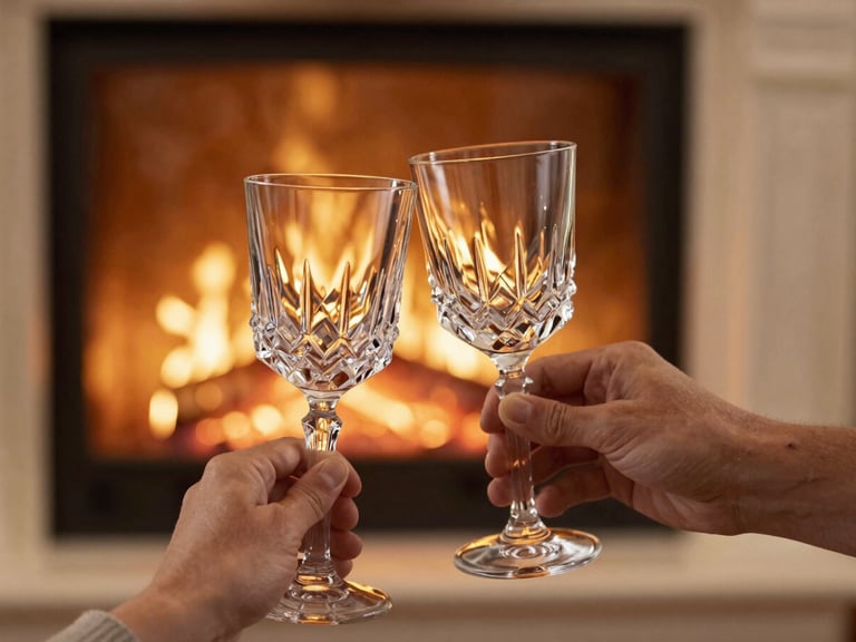 Cinematic close-up of hands gently holding crystal wine glasses, warm ambient golden light from an open fireplace in the background, soft focus, rich textures.