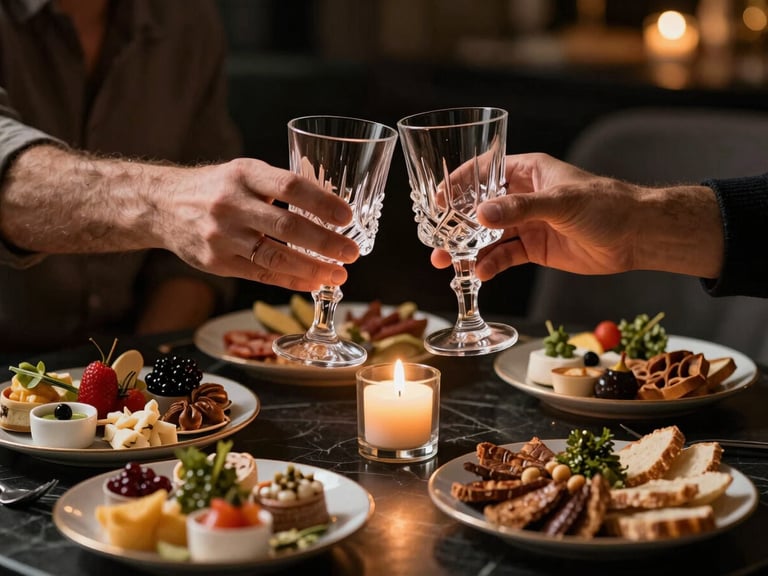 A close-up of hands clinking crystal glasses over an elegant dark marble table filled with small, artfully arranged meze plates, warm candlelight, cinematic low-key lighting