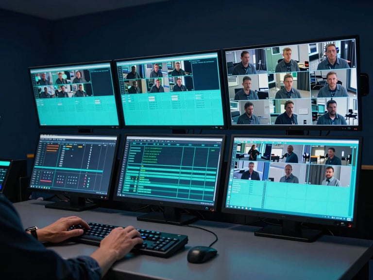 Wide shot of a dark control room dashboard showing live access logs and camera feeds on multiple monitors, cyan UI elements glowing against deep navy background, hands resting on keyboard in foreground, low ambient LED lighting