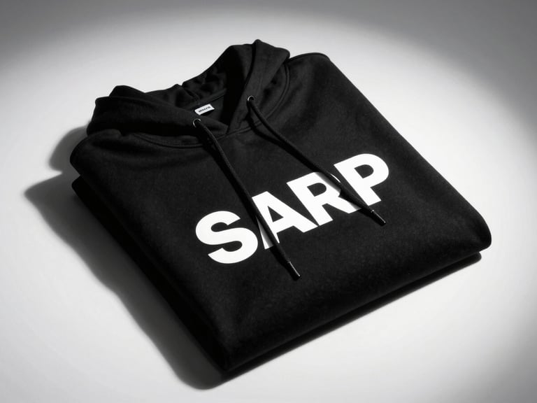 Sharp studio product shot of a black custom hoodie with a bold white graphic, folded neatly on a minimalist surface, dramatic shadows.