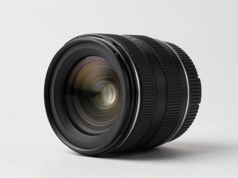 Clean studio portrait of a camera lens focusing on a product, sharp lighting, minimalist background, 50mm lens perspective.