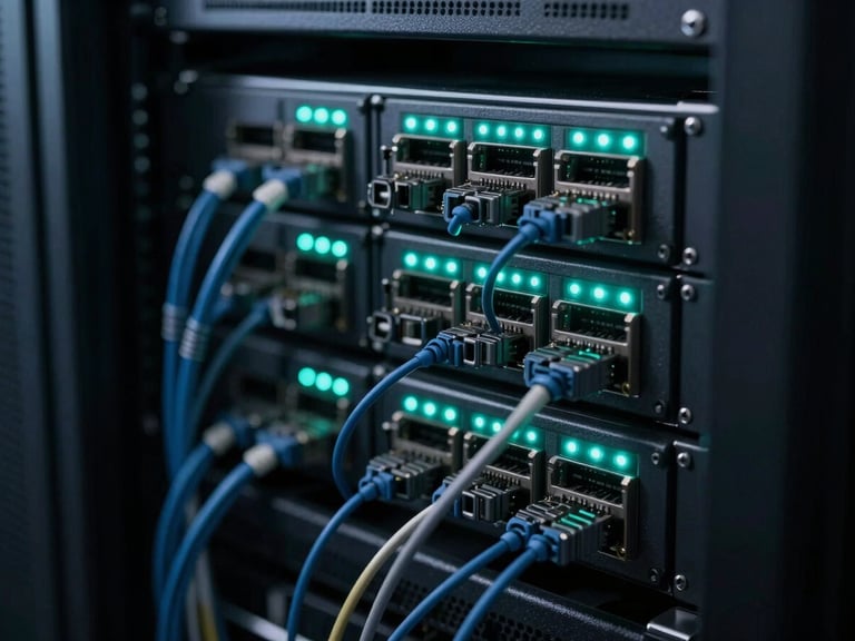 Close-up of a server rack's network cabling, neatly organized, with sharp neon-teal LED indicator lights, low-key server room lighting, macro depth of field.