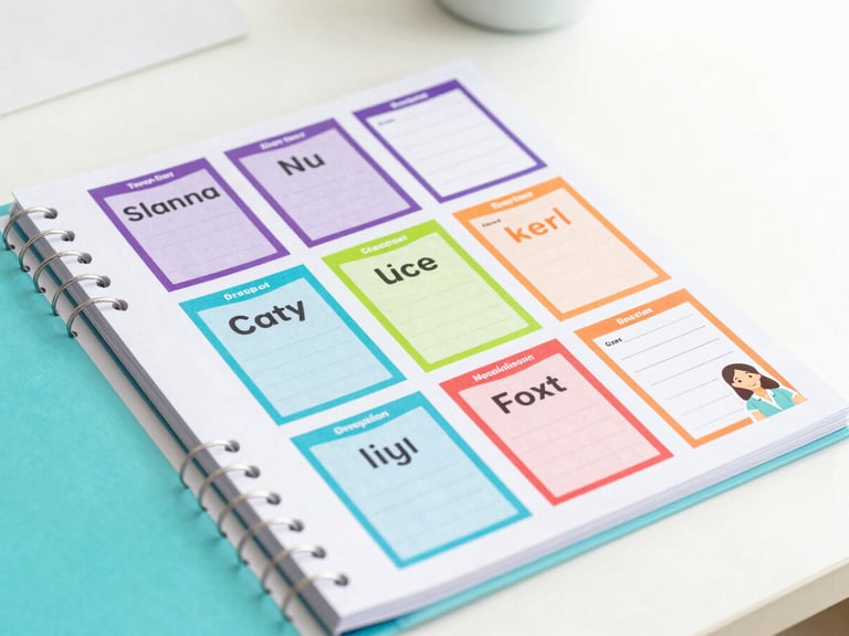 Bright high-key product photography, soft natural daylight, printed colorful vocabulary cards and lesson plan binders on a clean desktop, friendly teacher avatar sticker visible, crisp focus