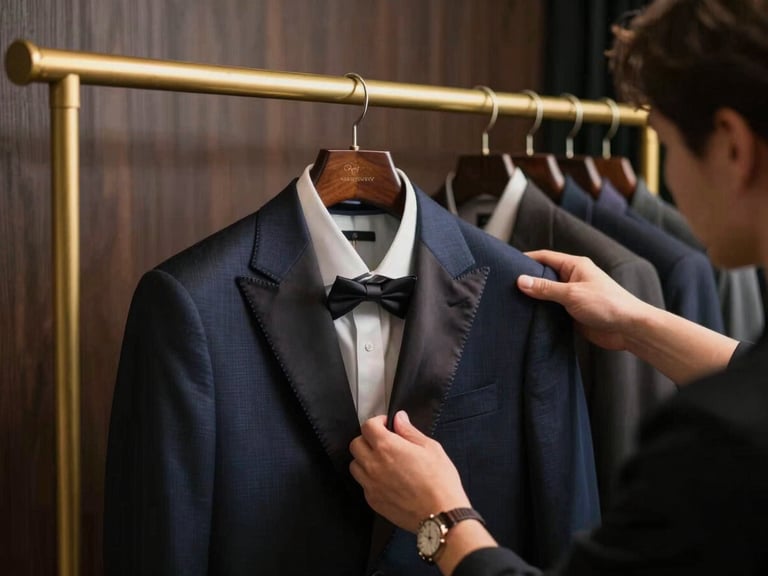 Behind the scenes video frame of a stylist presenting high-end designer suits and silk lapels on a gold rack, soft warm key light, dark moody background.