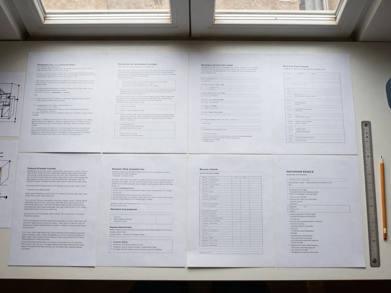 Overhead flat lay of a clean workspace with structured business model documents arranged in deliberate order on a light surface, architectural diagram sketches visible, a ruler and pencil placed at the edge, north-facing window light creating even soft shadows