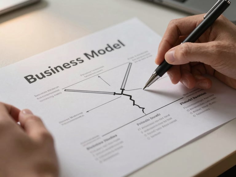 Close-up of hands annotating a printed business model canvas on a light desk, a fine-tip pen circling a structural gap in the diagram, soft diffused studio light from the left, warm paper texture visible