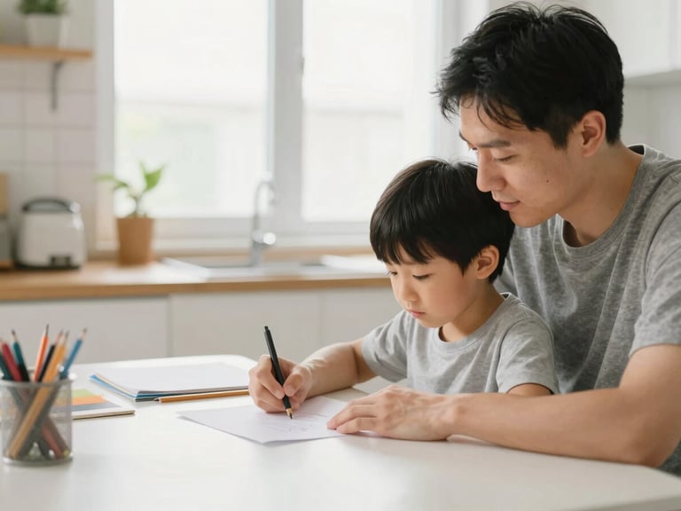 A father and child sitting at a kitchen table drawing together, bright natural daylight, shallow depth of field, warm atmosphere, 35mm lens