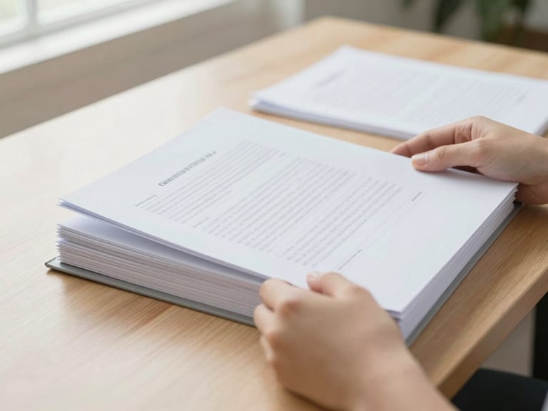 Close-up of hands organizing neat legal folders and signing structured paperwork on a clean wooden desk, soft side window light, 35mm lens