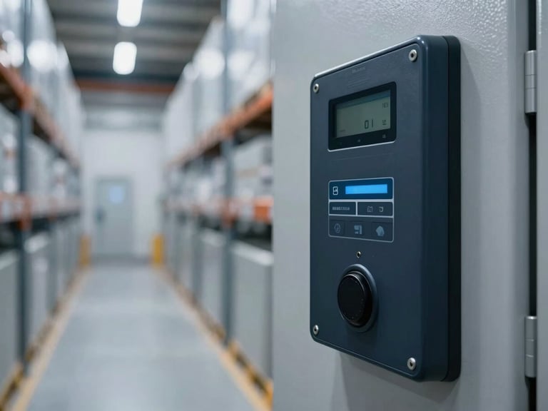 Close-up of secure warehouse electronic access control panel with a blurred background of a clean, brightly lit high-tech storage aisle, cool steel tones