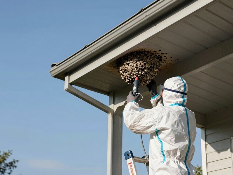 Wide environmental shot of a technician in full protective gear using a vacuum tool to remove a paper wasp nest from under a roofline overhang, property exterior in daylight, ladder visible, clear blue sky above