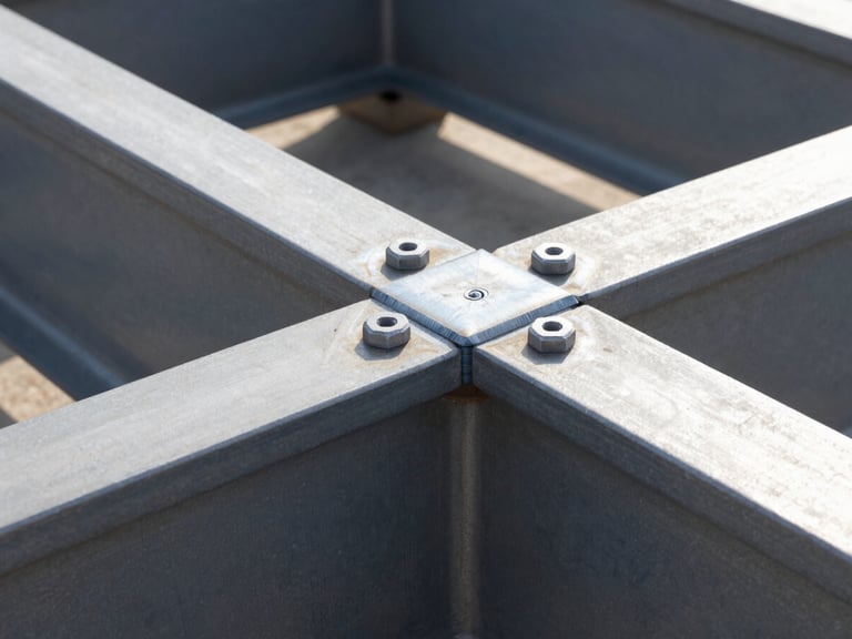 Close-up of a precise structural steel joint with clean welds and high-strength bolts, high-contrast steel gray tones under bright morning light
