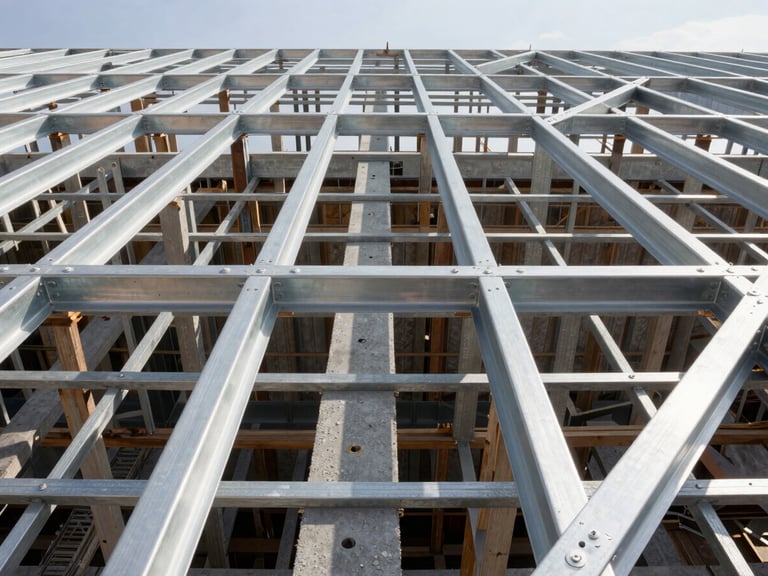 Low-angle architectural shot looking up at composite floor decking installed on structural steel framing, high-contrast daylight highlighting clean geometric lines