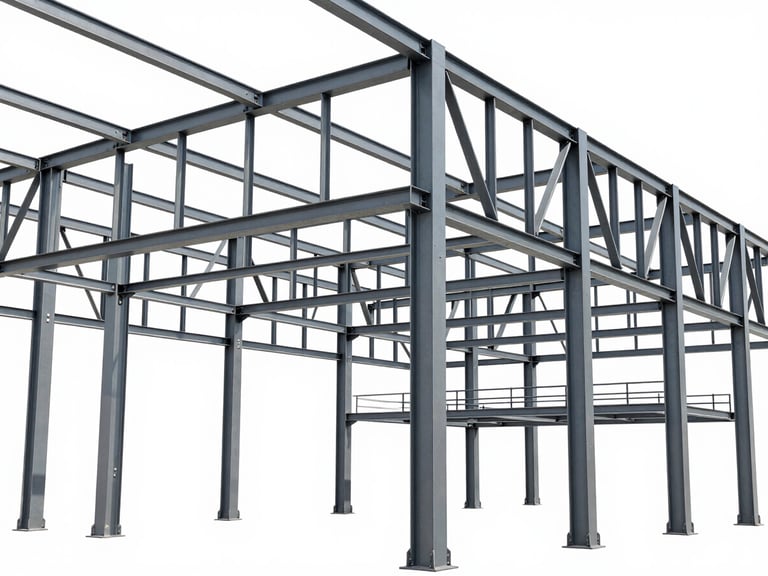 Crisp technical 3D Tekla structures model showing detailed steel trusses and columns, cool technical studio lighting, sharp focus, 35mm
